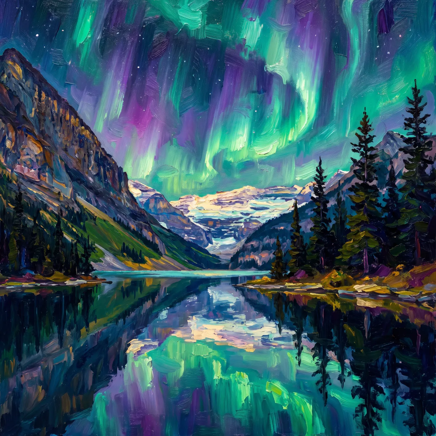 Vivid aurora landscape painted in Drawoid with watercolor brushes