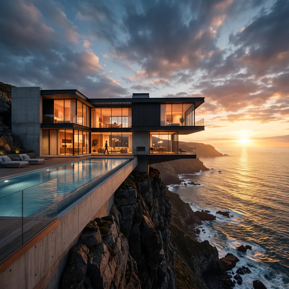 The same sketch rendered as a photorealistic clifftop house at sunset