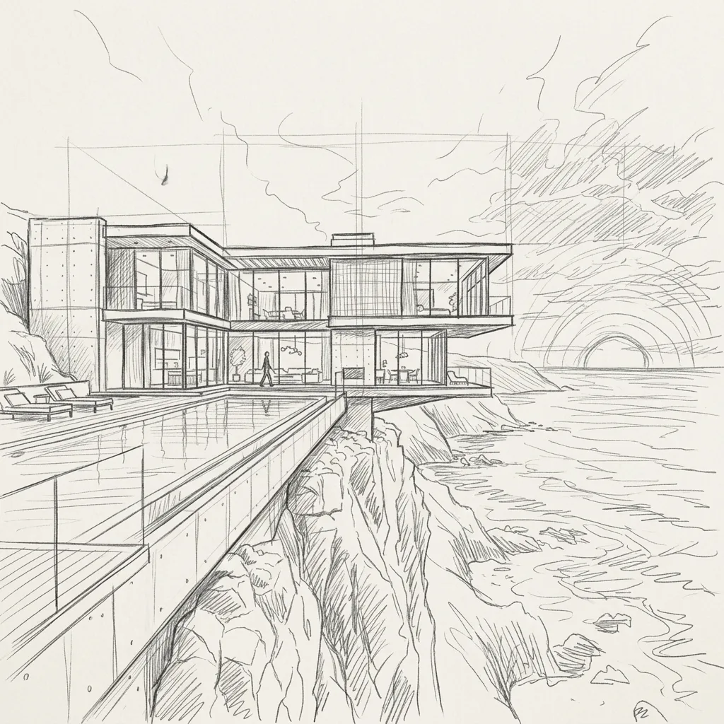 Pencil concept sketch of a modern house perched on a coastal cliff