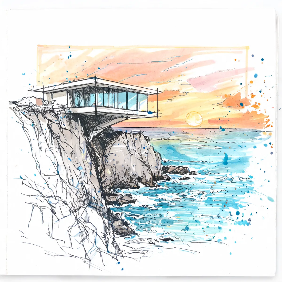 The same sketch rendered in a loose watercolor style
