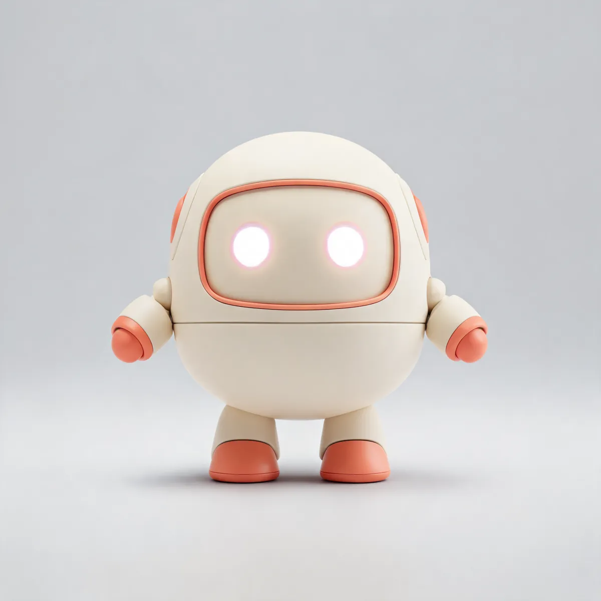 The robot sketch turned into a cream-and-coral 3D model