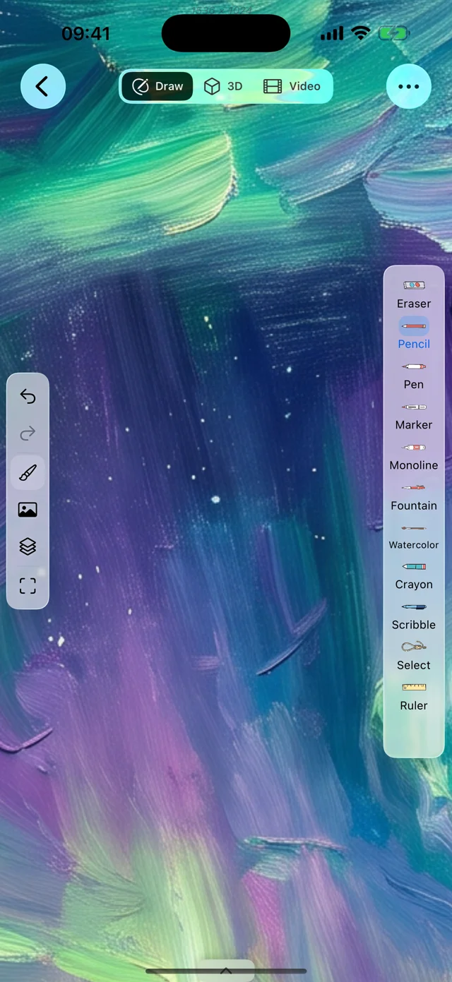Drawoid on iPhone: aurora landscape painting on the canvas with the brush palette
