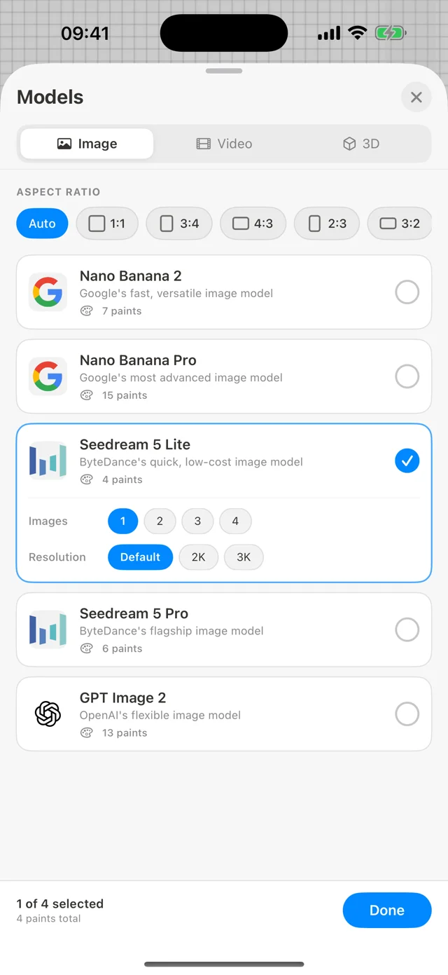 Drawoid on iPhone: the model picker listing Nano Banana, Seedream and GPT Image models